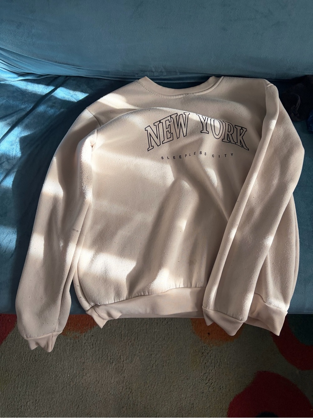 New York & Company Cream Crewneck with Navy Logo